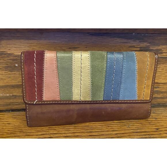 Fossil Leather Beige Multicolor Checkbook Wallet Full Size - Picture 1 of 6